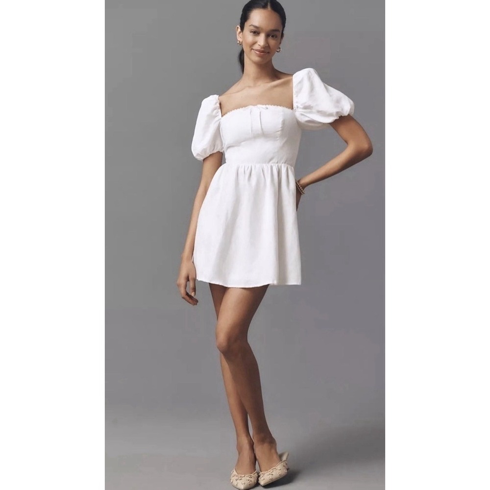 NEW! REFORMATION Malvina Linen Mini Dress Puff Sleeve White SZ 6